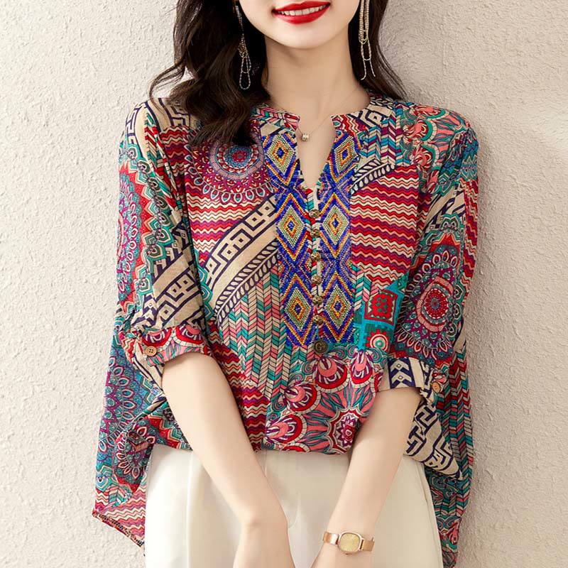 Buddha Stones Women's Mandala Geometry Half Button Shirt - image 1