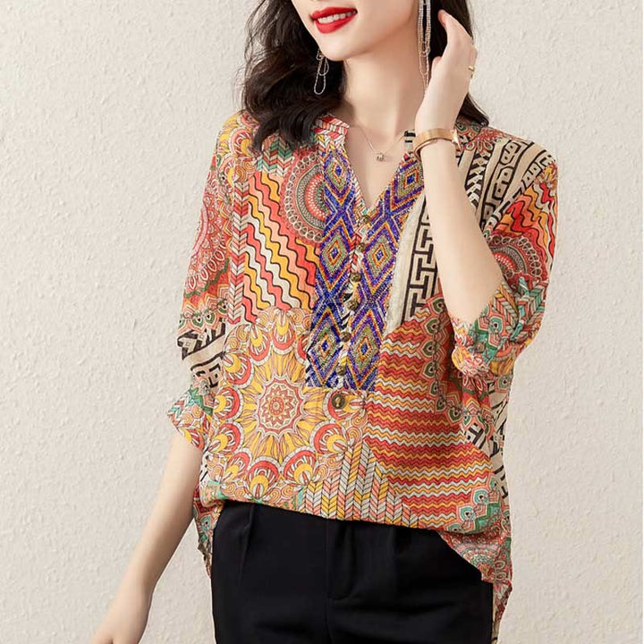 Buddha Stones Women's Mandala Geometry Half Button Shirt