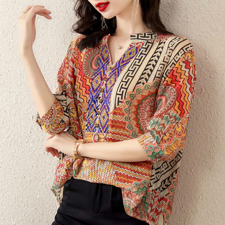 Buddha Stones Women's Mandala Geometry Half Button Shirt