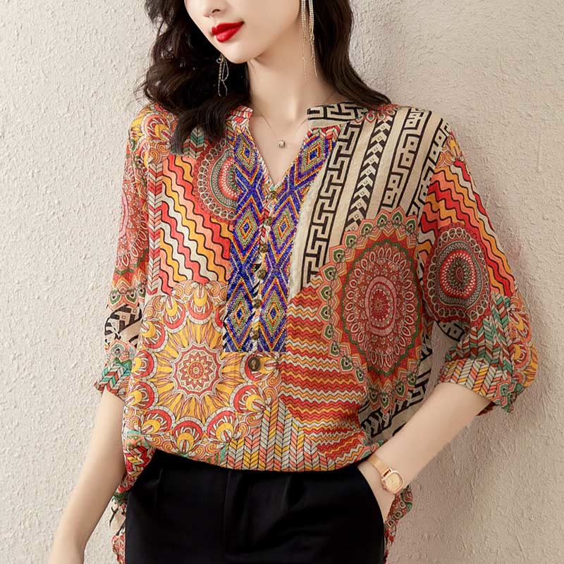 Buddha Stones Women's Mandala Geometry Half Button Shirt - SandyBrown - US16，UK/AU20，EU48 (3XL) - image 12