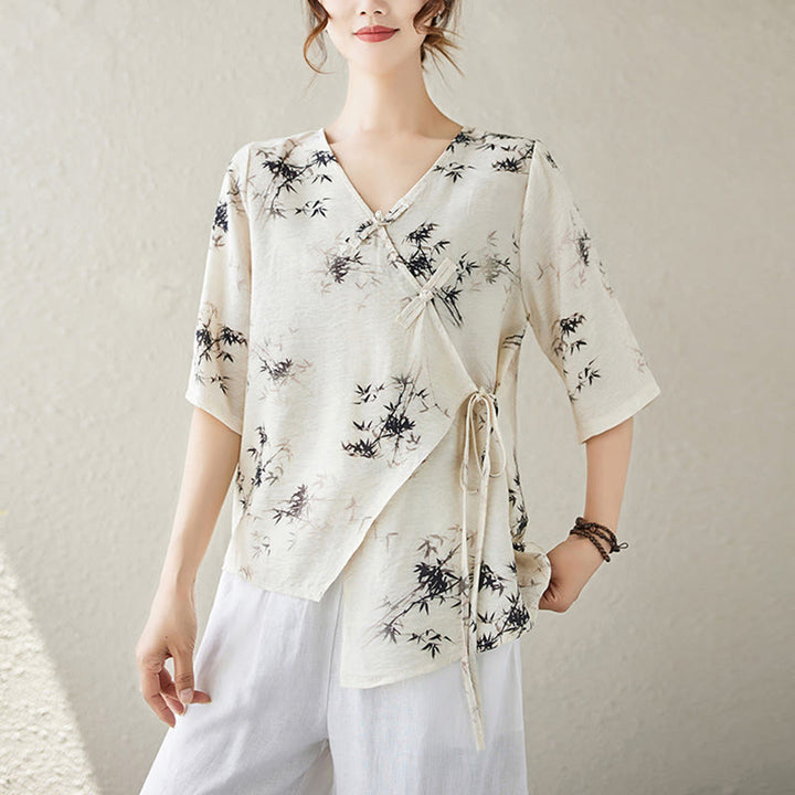 Buddha Stones Ink Bamboo Leaves Print V-Neck Lace-up Frog-Button Shirt T-shirt Tee - Linen - XL(Fit for US6; UK/AU10; EU38) - image 7