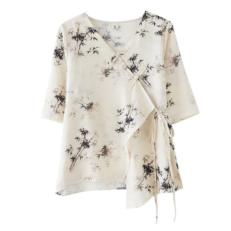 Buddha Stones Ink Bamboo Leaves Print V-Neck Lace-up Frog-Button Shirt T-shirt Tee - image 10