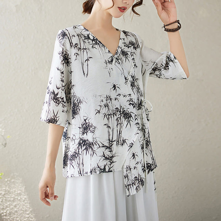 Buddha Stones Ink Bamboo Leaves Print V-Neck Lace-up Frog-Button Shirt T-shirt Tee