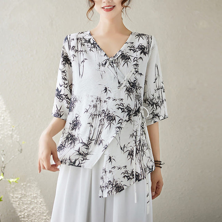 Buddha Stones Ink Bamboo Leaves Print V-Neck Lace-up Frog-Button Shirt T-shirt Tee - Snow - XL(Fit for US6; UK/AU10; EU38) - image 0