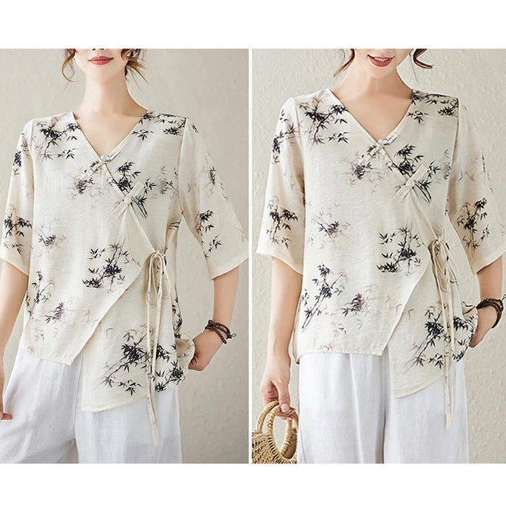 Buddha Stones Ink Bamboo Leaves Print V-Neck Lace-up Frog-Button Shirt T-shirt Tee - image 17