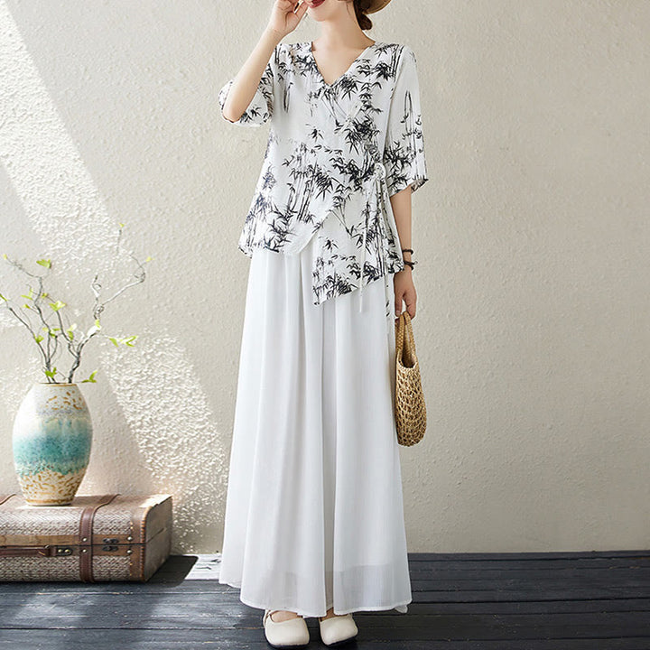 Buddha Stones Ink Bamboo Leaves Print V-Neck Lace-up Frog-Button Shirt T-shirt Tee - image 5