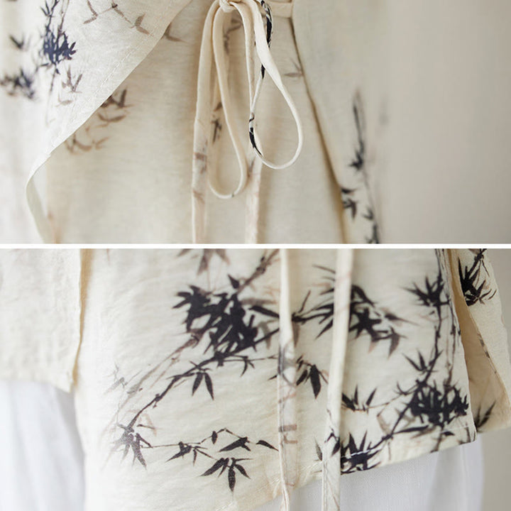 Buddha Stones Ink Bamboo Leaves Print V-Neck Lace-up Frog-Button Shirt T-shirt Tee - image 12