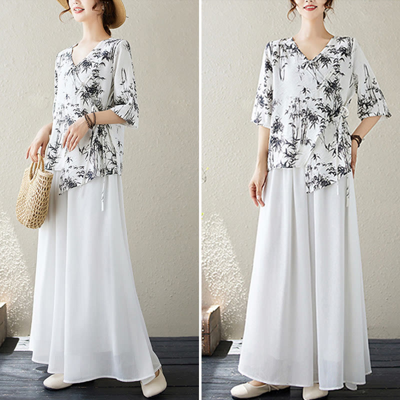 Buddha Stones Ink Bamboo Leaves Print V-Neck Lace-up Frog-Button Shirt T-shirt Tee - image 6