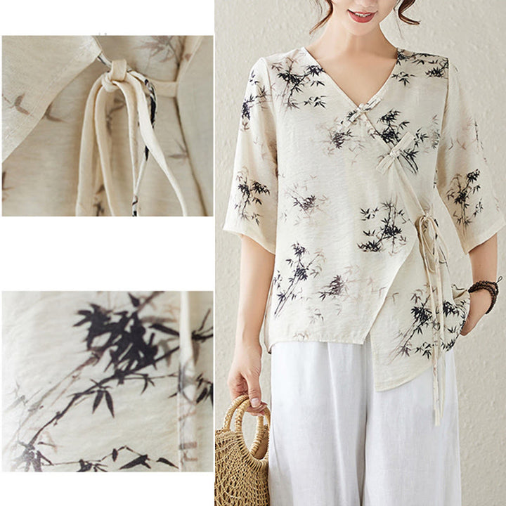 Buddha Stones Ink Bamboo Leaves Print V-Neck Lace-up Frog-Button Shirt T-shirt Tee - image 15