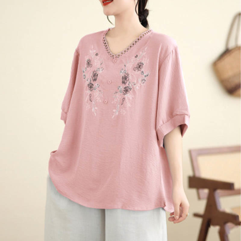 Buddha Stones Floral Embroidery V-Neck Half Sleeve T-shirt Tee