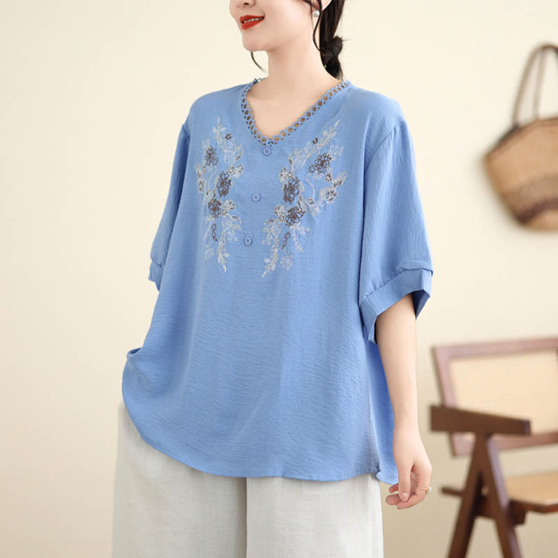 Buddha Stones Floral Embroidery V-Neck Half Sleeve T-shirt Tee