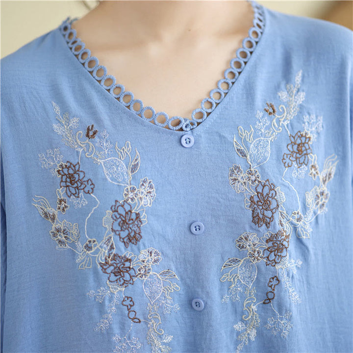 Buddha Stones Floral Embroidery V-Neck Half Sleeve T-shirt Tee