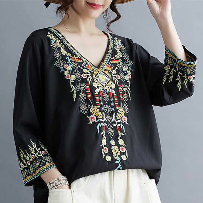 Buddha Stones Ethnic Style Floral Embroidery V-Neck Three Quarter Sleeve T-shirt Tee