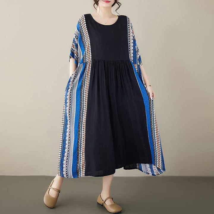 Buddha Stones Black Blue Stripes Short Sleeve Midi Dress With Pockets