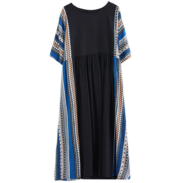 Buddha Stones Black Blue Stripes Short Sleeve Midi Dress With Pockets