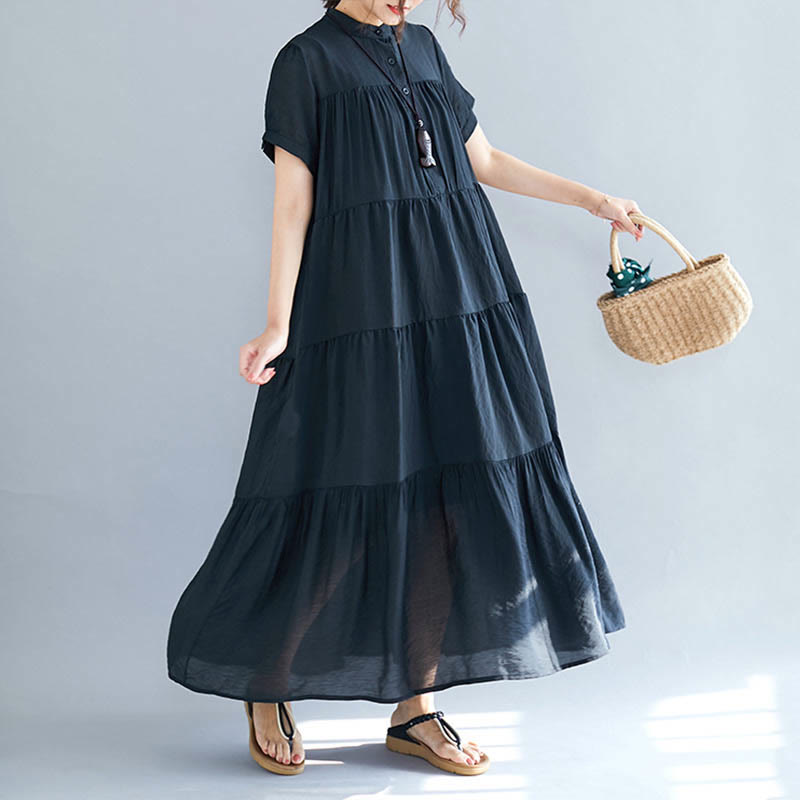 Buddha Stones Solid Color Button Front Short Sleeve Ruffled Hem Midi Dress