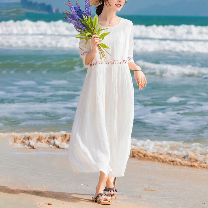 Buddha Stones Solid Color Embroidery Short Sleeve Ramie Linen Midi Dress