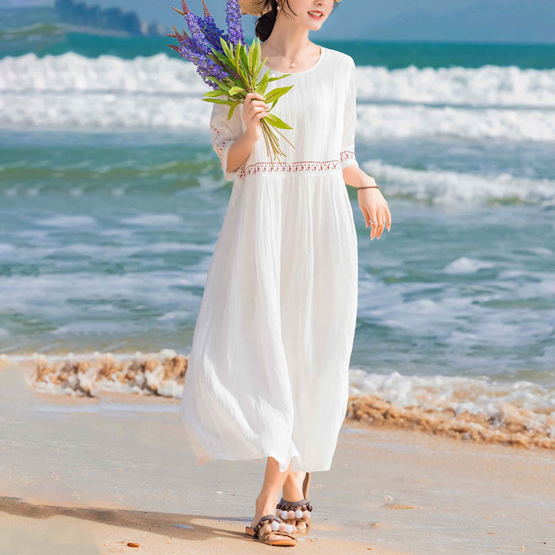 Buddha Stones Solid Color Embroidery Short Sleeve Midi Dress With Pockets - image 11