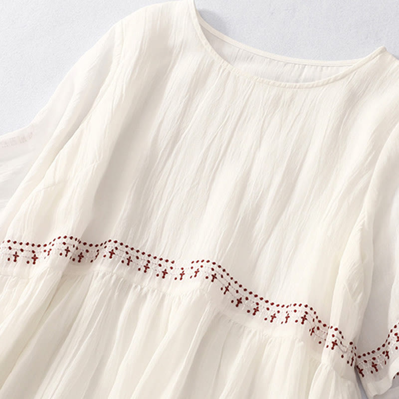 Buddha Stones Solid Color Embroidery Short Sleeve Midi Dress With Pockets - image 5