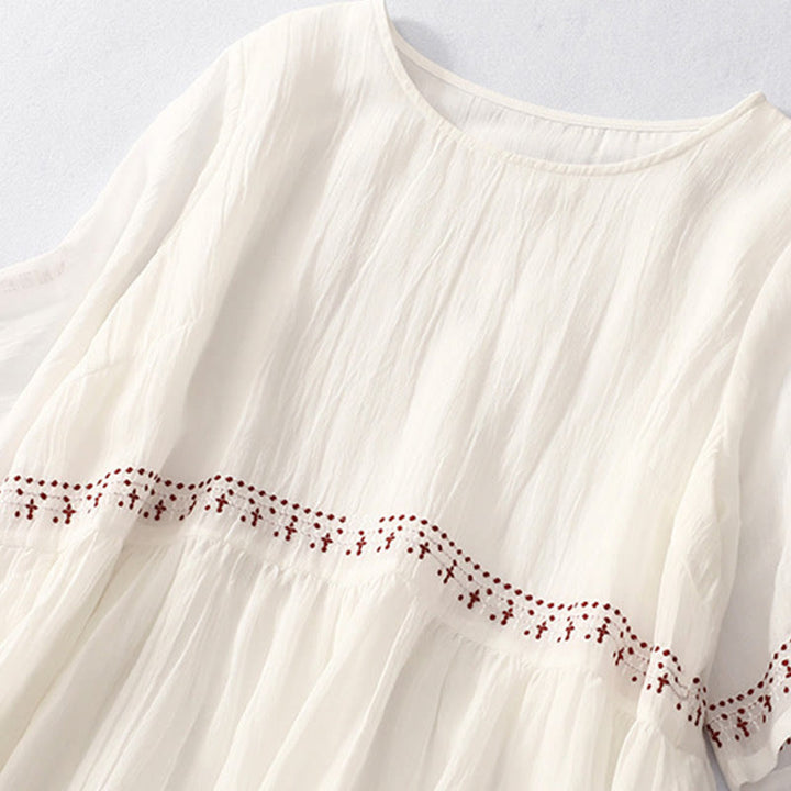Buddha Stones Solid Color Embroidery Short Sleeve Midi Dress With Pockets - image 5