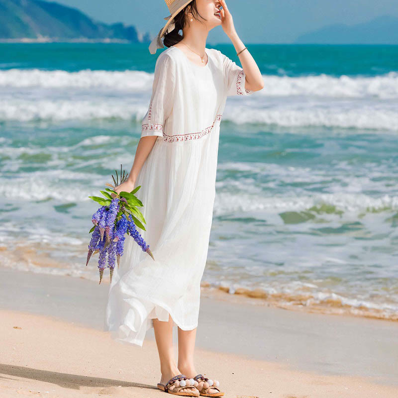 Buddha Stones Solid Color Embroidery Short Sleeve Ramie Linen Midi Dress