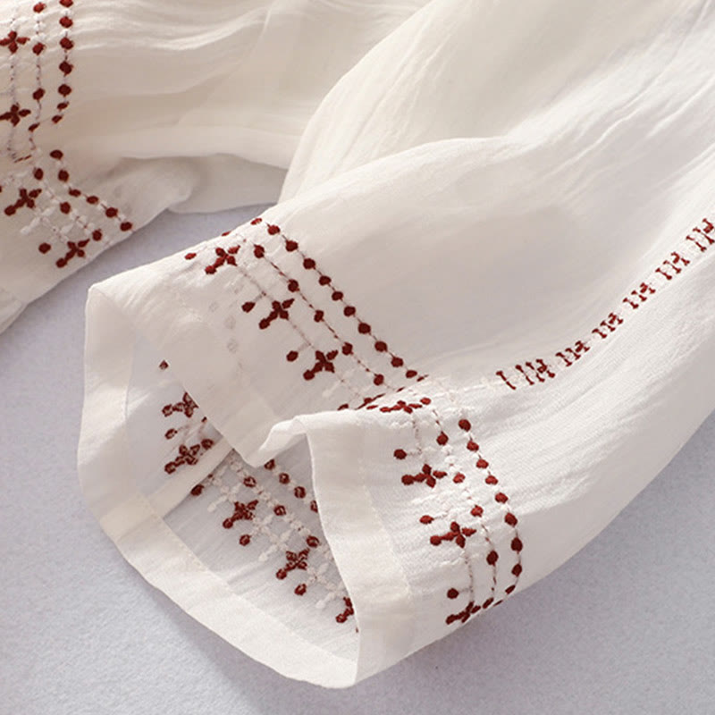 Buddha Stones Solid Color Embroidery Short Sleeve Cotton Midi Dress - image 8