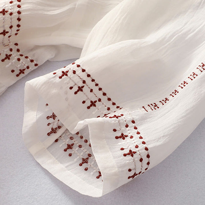 Buddha Stones Solid Color Embroidery Short Sleeve Cotton Midi Dress - image 8