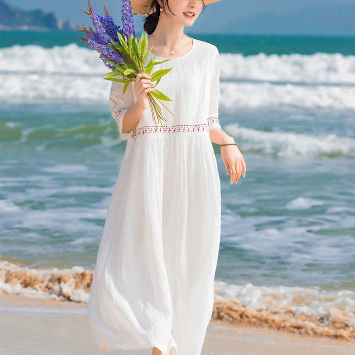 Buddha Stones Solid Color Embroidery Short Sleeve Cotton Midi Dress - image 13