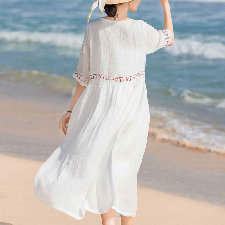 Buddha Stones Solid Color Embroidery Short Sleeve Ramie Linen Midi Dress