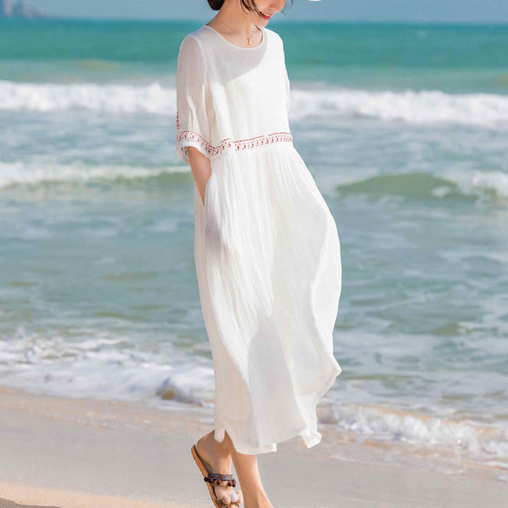 Buddha Stones Solid Color Embroidery Short Sleeve Cotton Midi Dress - image 15