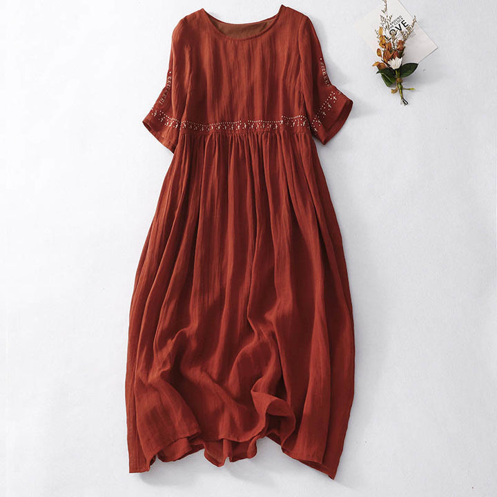 Buddha Stones Solid Color Embroidery Short Sleeve Ramie Linen Midi Dress