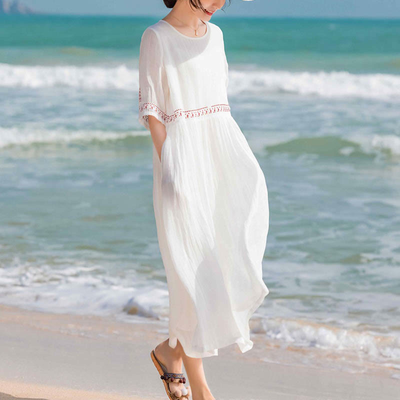 Buddha Stones Solid Color Embroidery Short Sleeve Cotton Midi Dress With Pockets - image 15