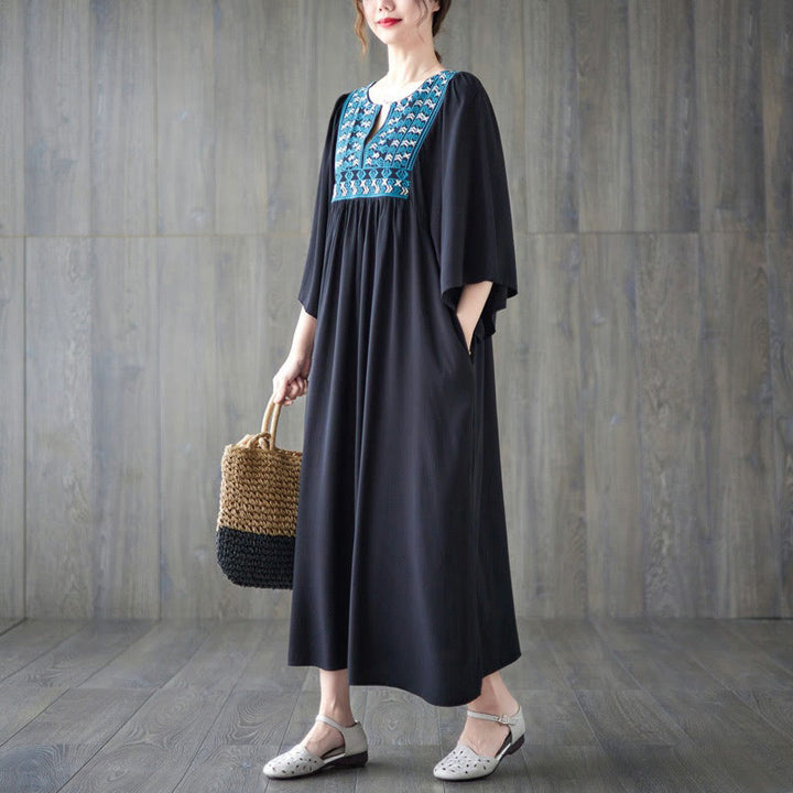 Buddha Stones Embroidery Notched Ruffled Hem Midi Dress With Pockets - image 24