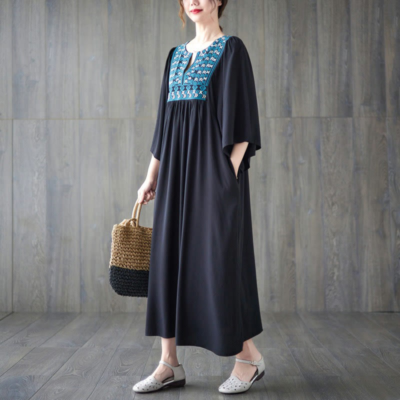 Buddha Stones Embroidery Notched Ruffled Hem Midi Dress With Pockets