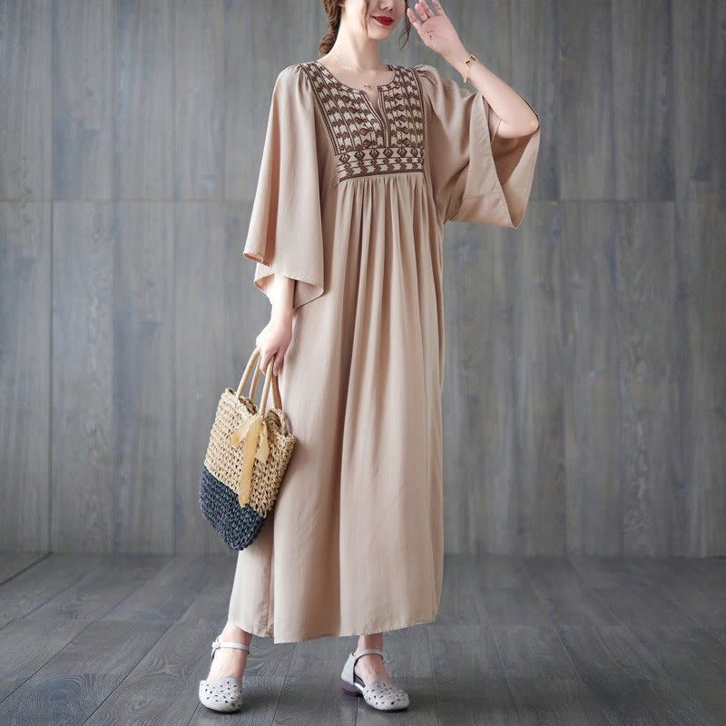 Buddha Stones Embroidery Notched Ruffled Hem Midi Dress With Pockets - image 29