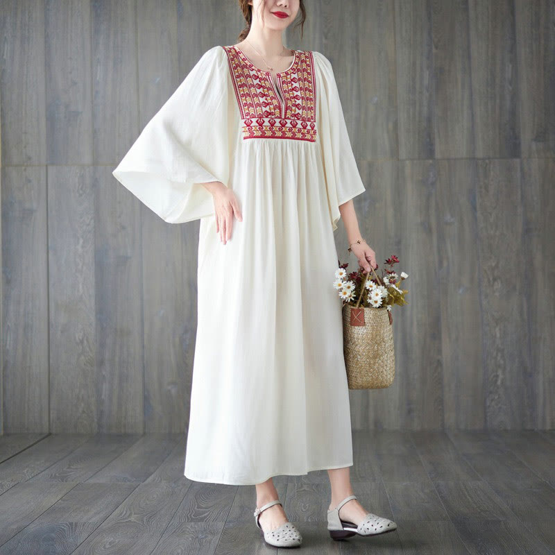 Buddha Stones Embroidery Notched Ruffled Hem Midi Dress With Pockets - image 13
