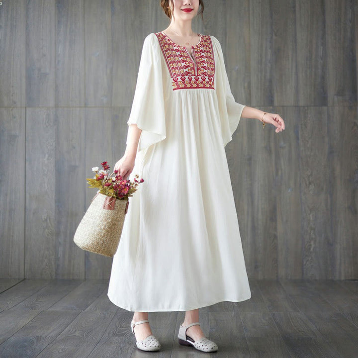Buddha Stones Embroidery Notched Ruffled Hem Midi Dress With Pockets - image 3