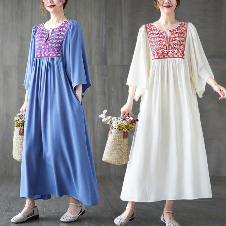 Buddha Stones Embroidery Notched Ruffled Hem Midi Dress With Pockets - image 0