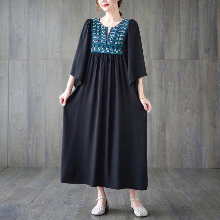 Buddha Stones Embroidery Notched Ruffled Hem Midi Dress With Pockets - image 23