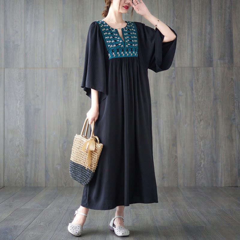 Buddha Stones Embroidery Notched Ruffled Hem Midi Dress With Pockets