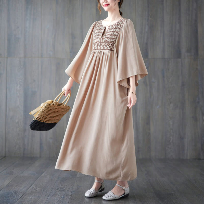 Buddha Stones Embroidery Notched Ruffled Hem Midi Dress With Pockets - image 31