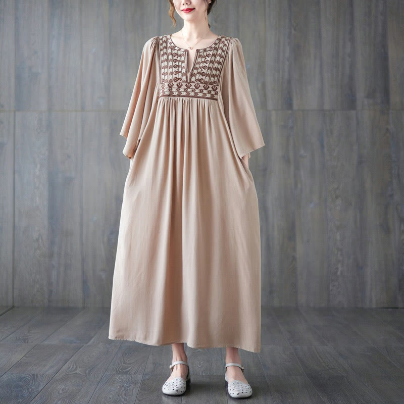 Buddha Stones Embroidery Notched Ruffled Hem Midi Dress With Pockets - Wheat - F(Fit for US4-12; UK/AU8-16; EU36-44) - image 28