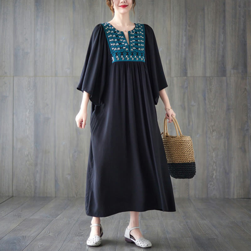 Buddha Stones Embroidery Notched Ruffled Hem Midi Dress With Pockets - image 25