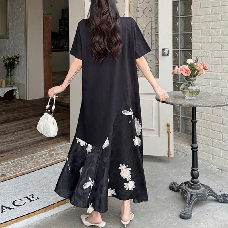 Buddha Stones Casual Flower Jacquard Short Sleeve T-Shirt Midi Dress