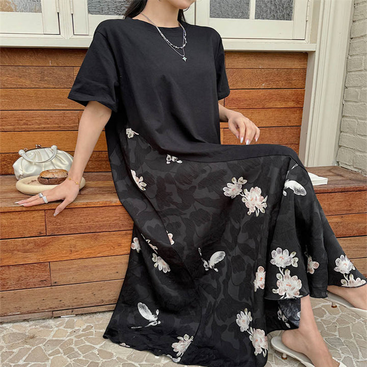 Buddha Stones Casual Flower Jacquard Short Sleeve T-Shirt Midi Dress