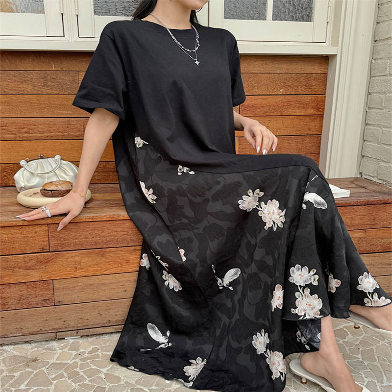 Buddha Stones Casual Flower Jacquard Short Sleeve T-Shirt Midi Dress - image 3