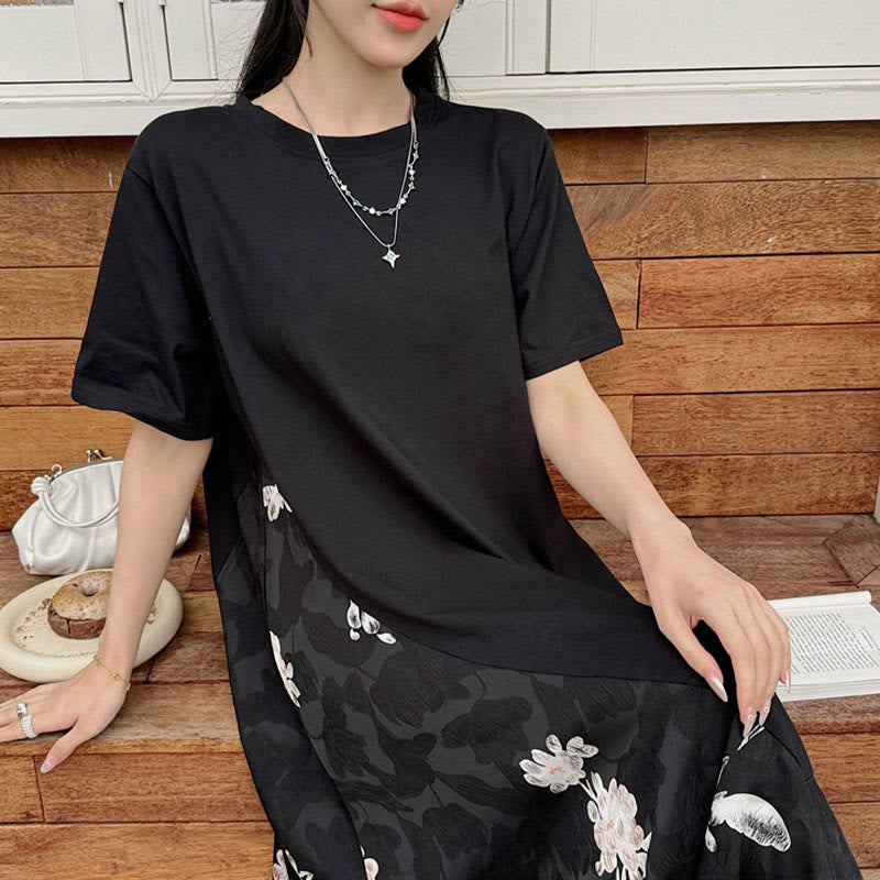 Buddha Stones Casual Flower Jacquard Short Sleeve T-Shirt Midi Dress - image 4