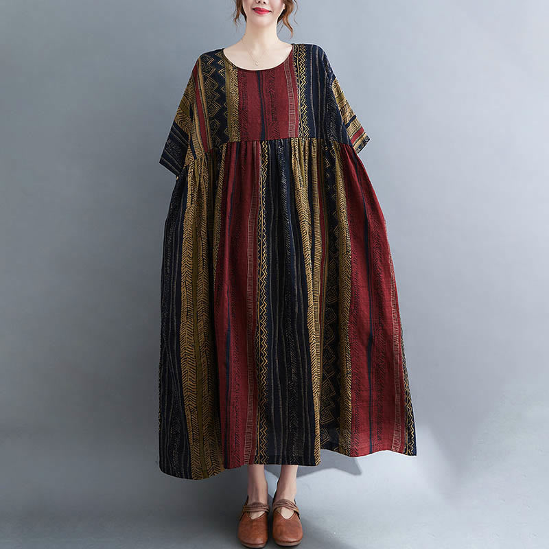 Buddha Stones Boho Geometry Short Sleeve Midi Dress With Pockets - DarkKhaki - F(Fit for US4-14; UK/AU8-18; EU36-46) - image 1