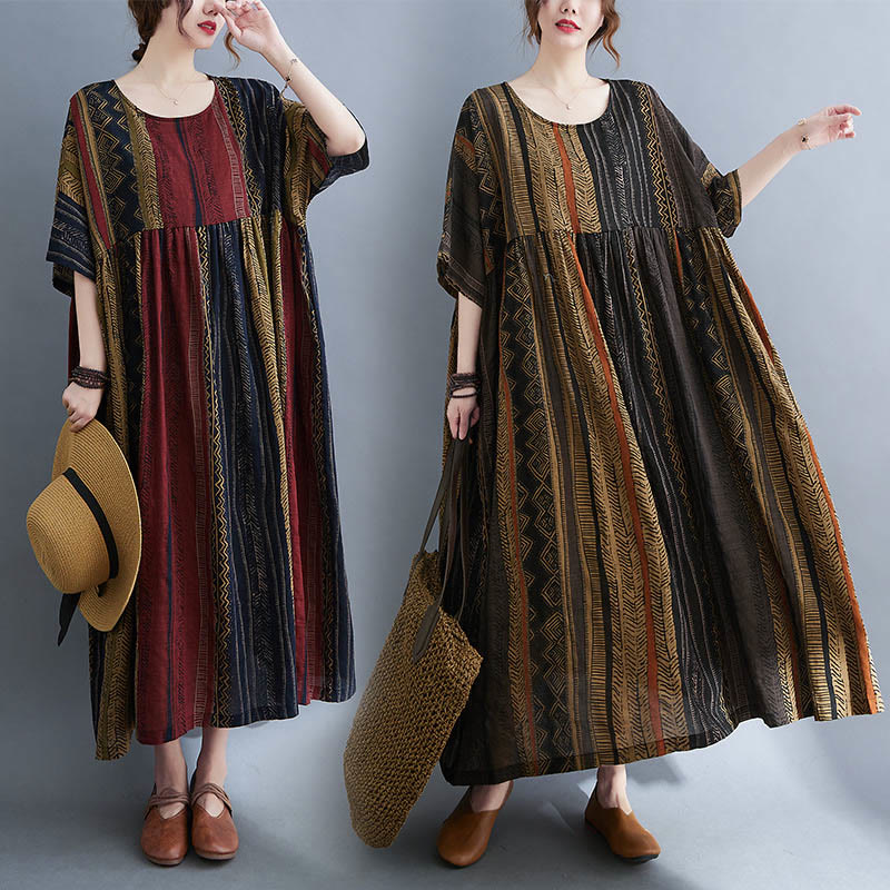 Buddha Stones Boho Geometry Short Sleeve Midi Dress With Pockets - image 0