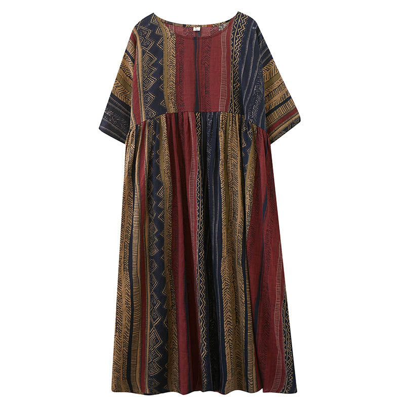 Buddha Stones Boho Geometry Short Sleeve Midi Dress With Pockets